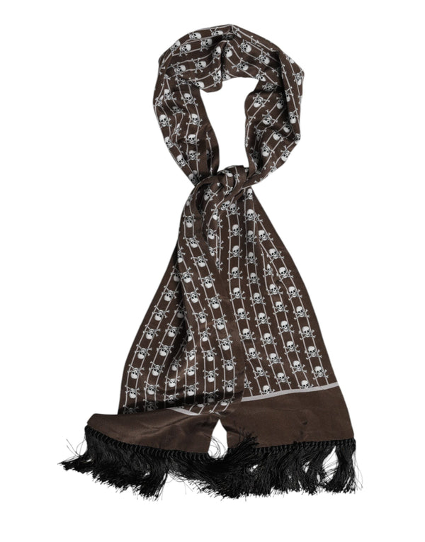Brown Skulls Print Fringes Men Foulard Scarf Dolce & Gabbana