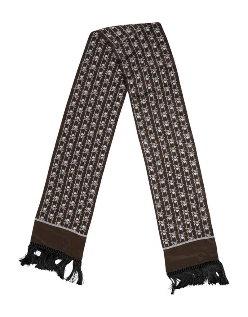 Brown Skulls Print Fringes Men Foulard Scarf Dolce & Gabbana