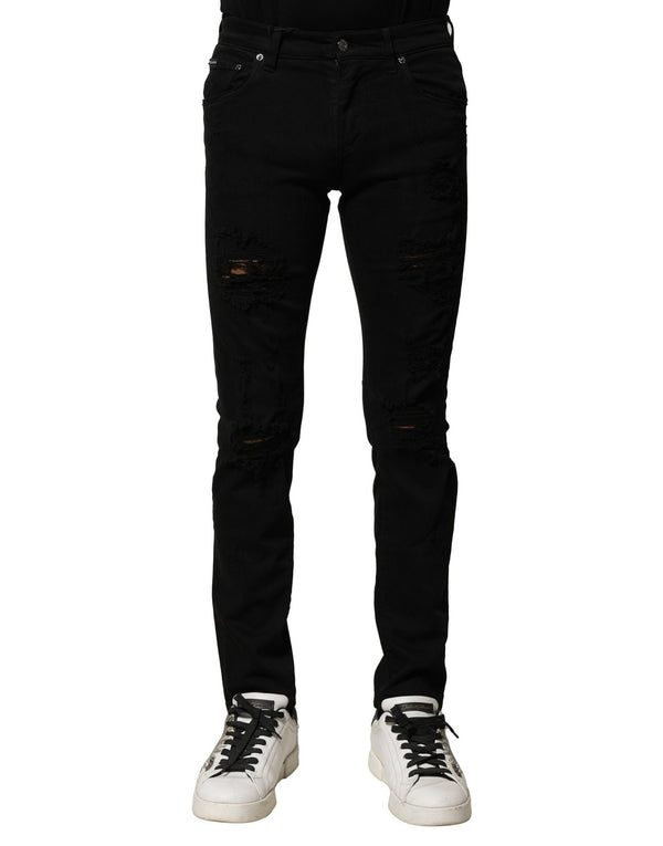 Black Cotton Logo Plaque Slim Denim Jeans Dolce & Gabbana
