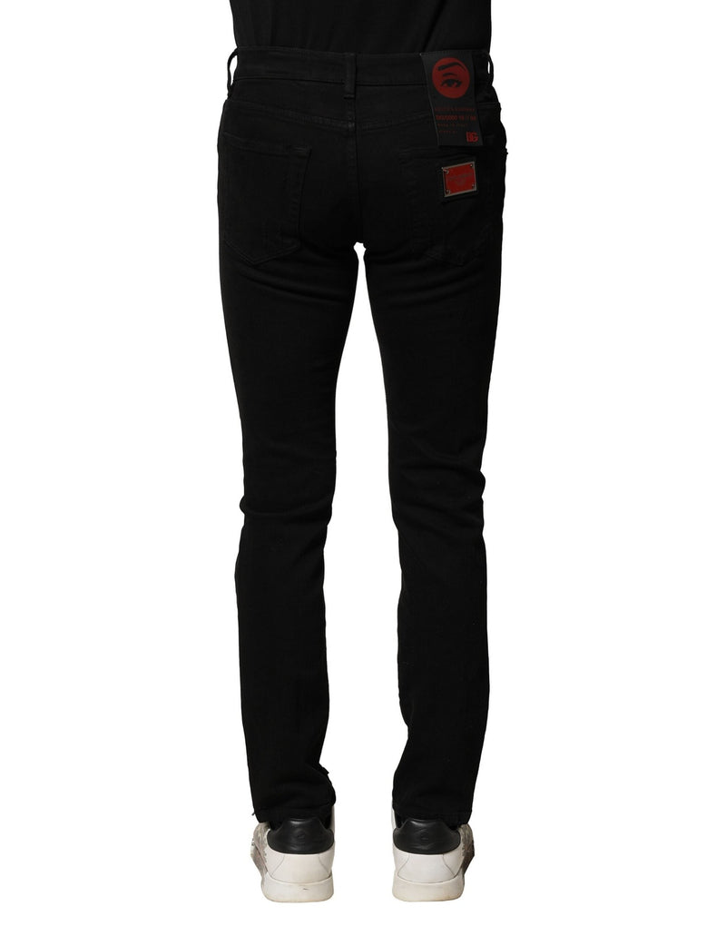Black Cotton Logo Plaque Slim Denim Jeans Dolce & Gabbana