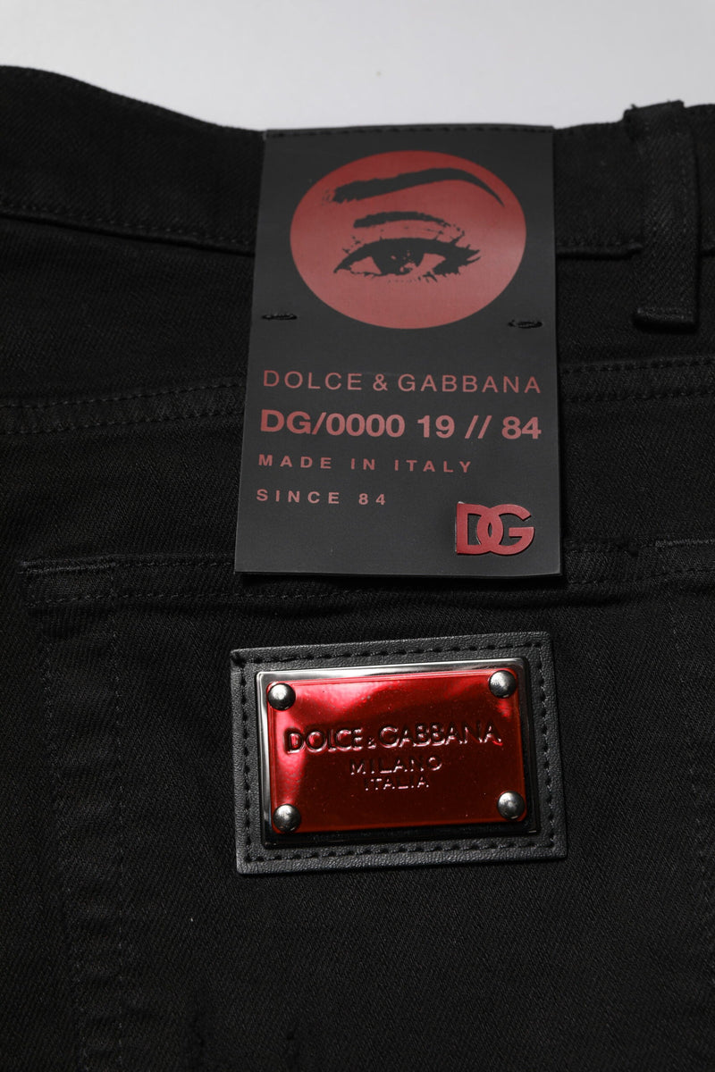 Black Cotton Logo Plaque Slim Denim Jeans Dolce & Gabbana