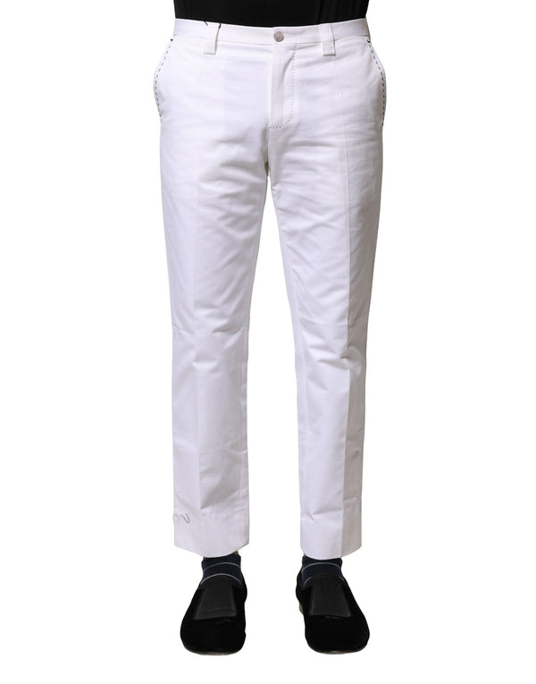 White Cotton Straight Logo Men Pants Dolce & Gabbana
