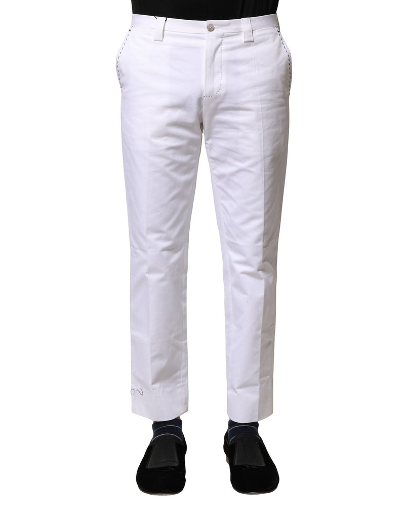 White Cotton Straight Logo Men Pants Dolce & Gabbana