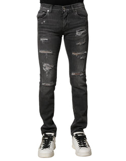 Black Washed Tattered Slim Fit Denim Jeans Dolce & Gabbana