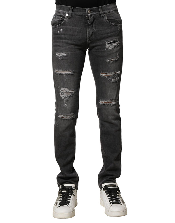 Black Washed Tattered Slim Fit Denim Jeans Dolce & Gabbana