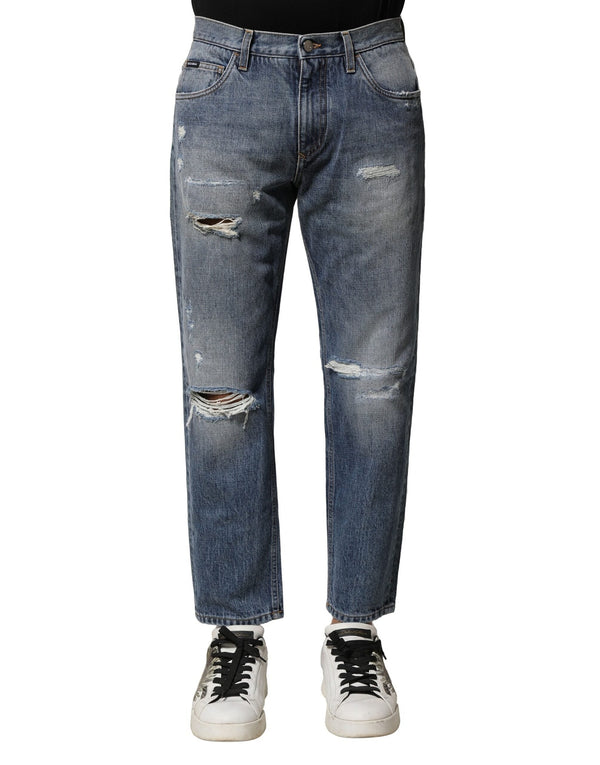 Blue Washed Tattered Straight Fit Denim Jeans Dolce & Gabbana