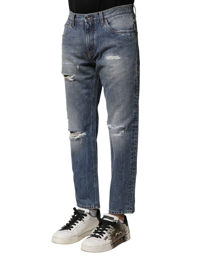 Blue Washed Tattered Straight Fit Denim Jeans Dolce & Gabbana
