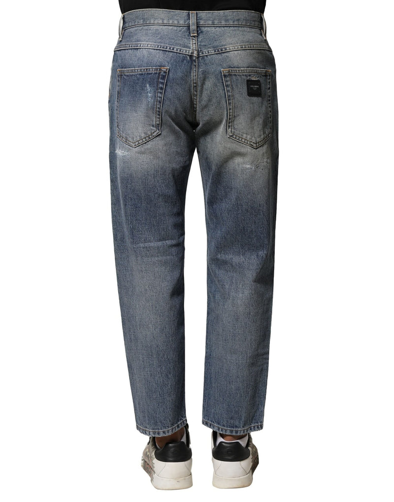 Blue Washed Tattered Straight Fit Denim Jeans Dolce & Gabbana