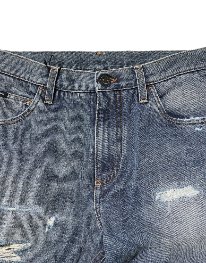 Blue Washed Tattered Straight Fit Denim Jeans Dolce & Gabbana