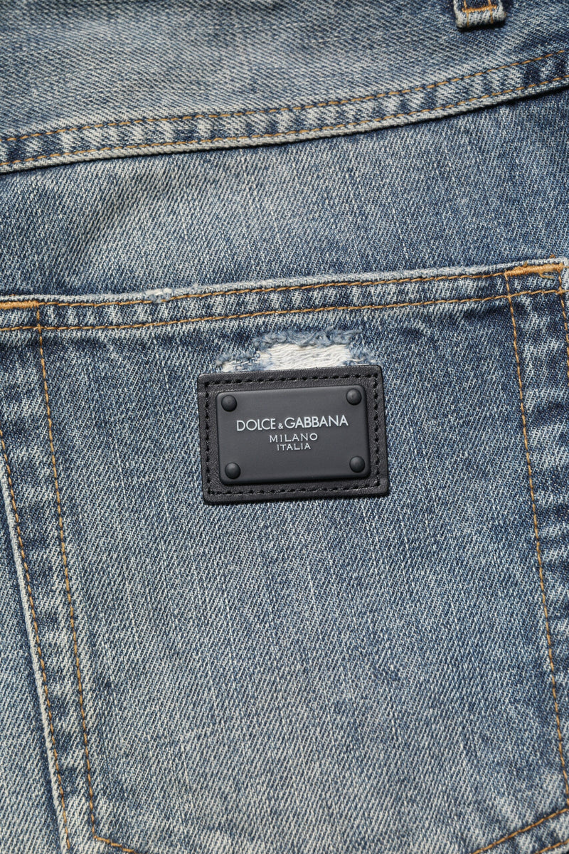 Blue Washed Tattered Straight Fit Denim Jeans Dolce & Gabbana
