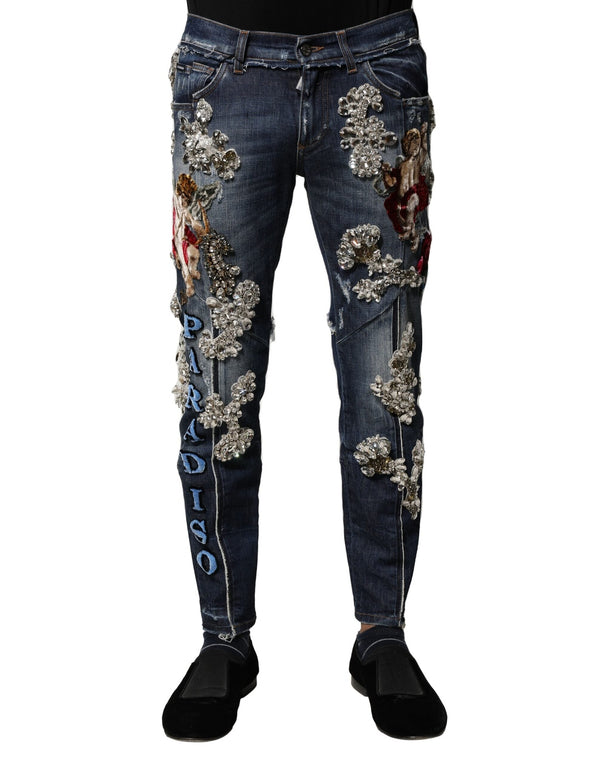 Blue Cotton Rhinestone Embellish Denim Jeans Dolce & Gabbana