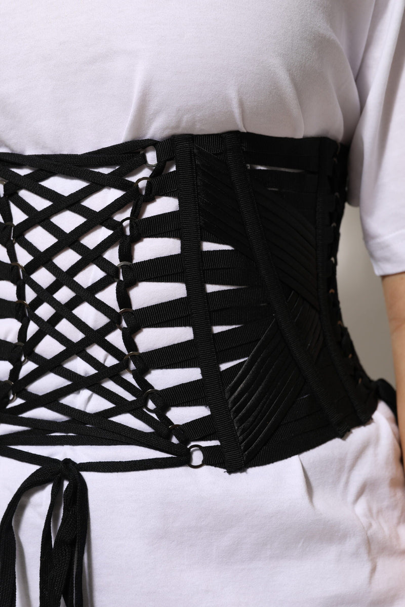 Black Cotton Waist LaceUp Strap Corset Belt Dolce & Gabbana