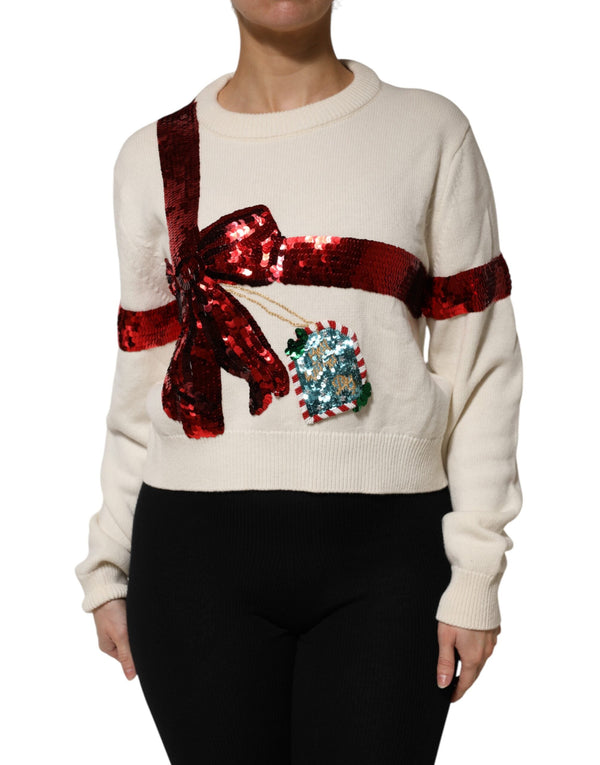 White Sequined Crew Neck Pullover Sweater Dolce & Gabbana