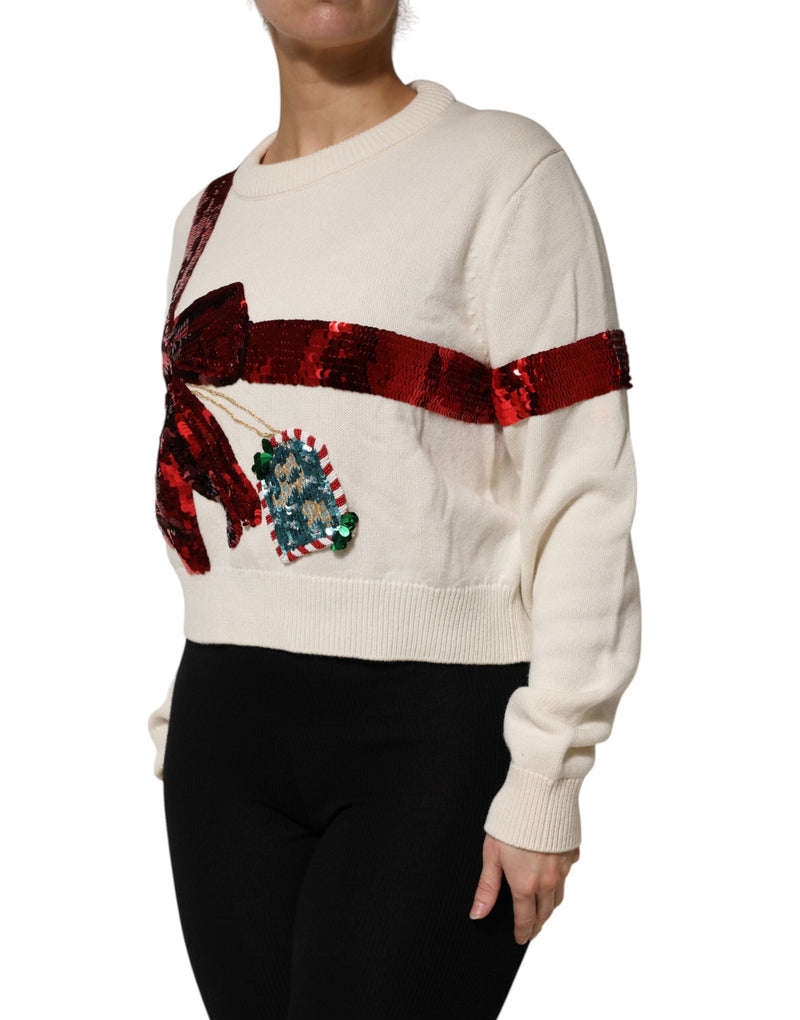 White Sequined Crew Neck Pullover Sweater Dolce & Gabbana