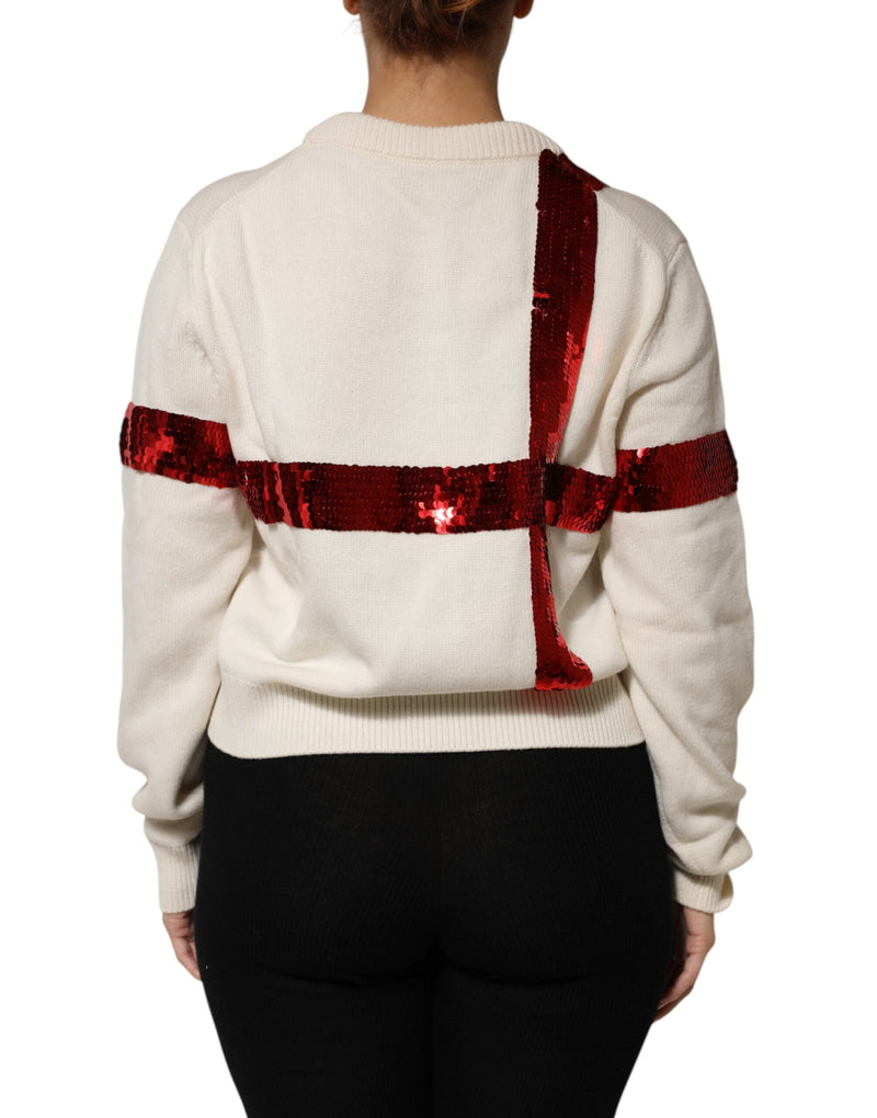 White Sequined Crew Neck Pullover Sweater Dolce & Gabbana