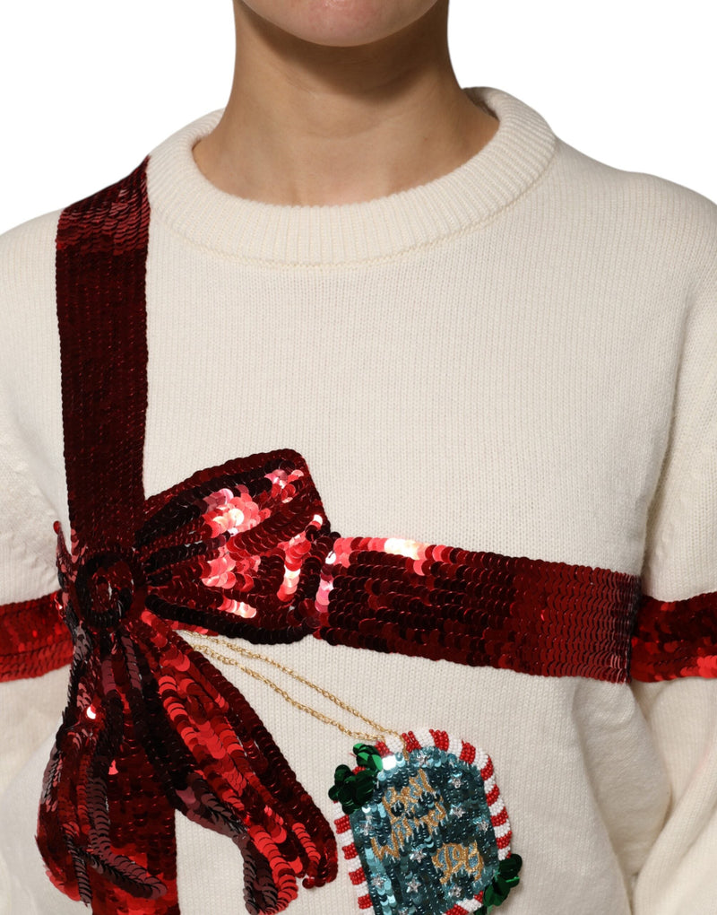 White Sequined Crew Neck Pullover Sweater Dolce & Gabbana