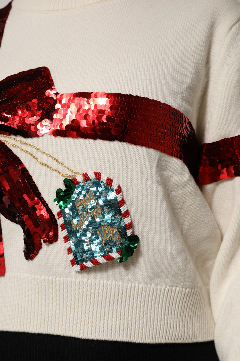 White Sequined Crew Neck Pullover Sweater Dolce & Gabbana