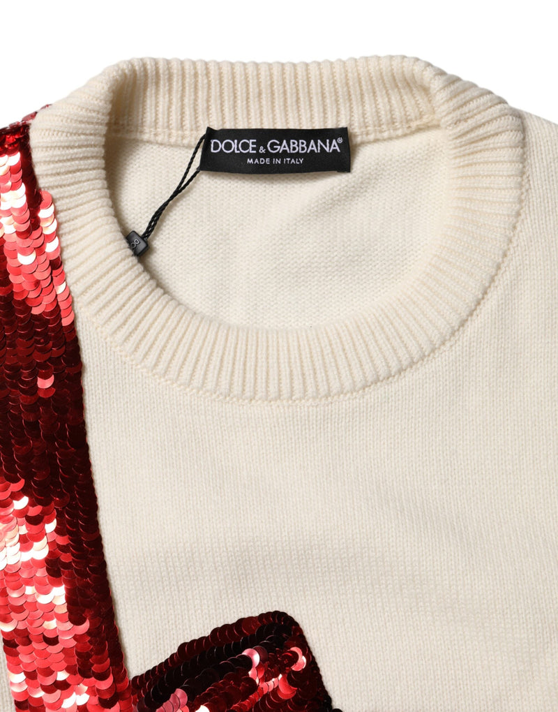 White Sequined Crew Neck Pullover Sweater Dolce & Gabbana