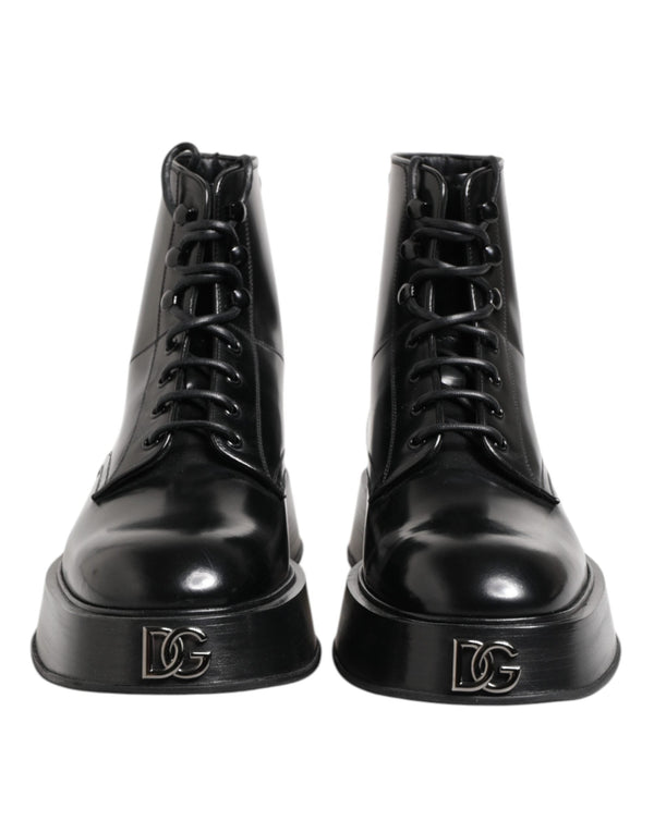 Black Leather Logo Ankle Boots Lace Up Shoes Dolce & Gabbana