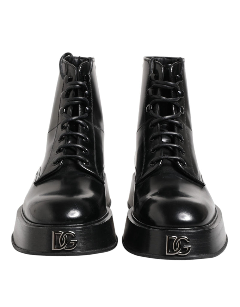 Black Leather Logo Ankle Boots Lace Up Shoes Dolce & Gabbana