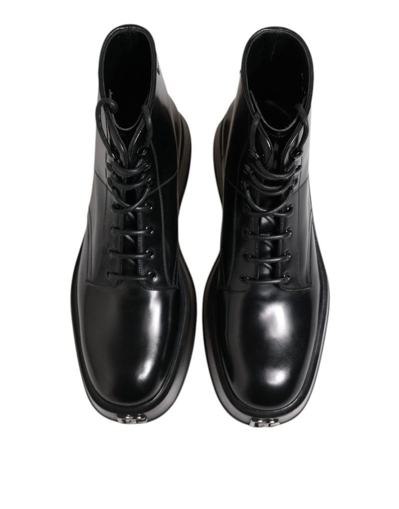Black Leather Logo Ankle Boots Lace Up Shoes Dolce & Gabbana