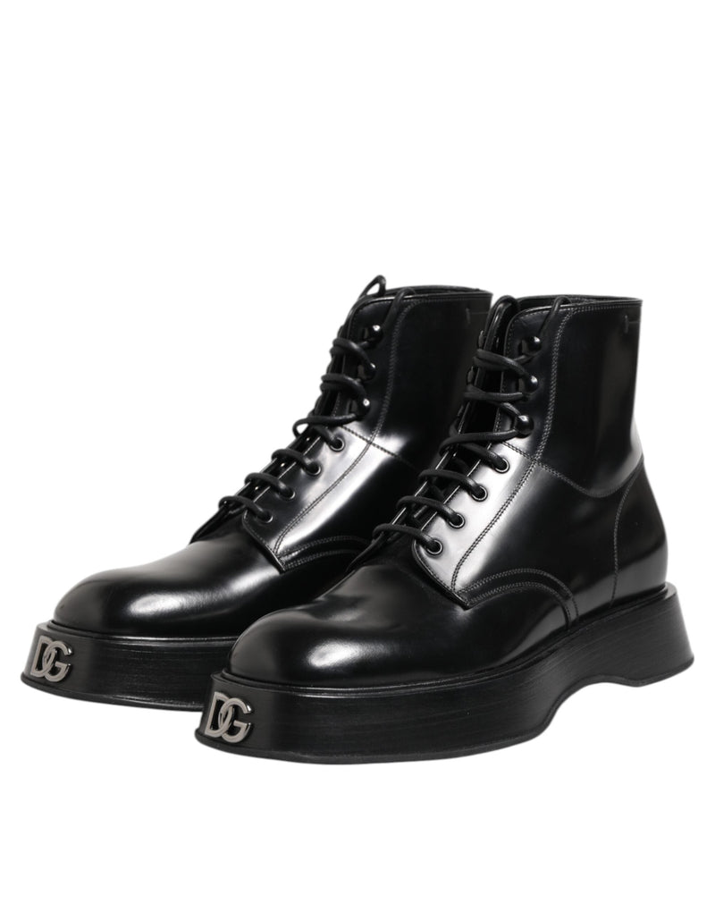Black Leather Logo Ankle Boots Lace Up Shoes Dolce & Gabbana