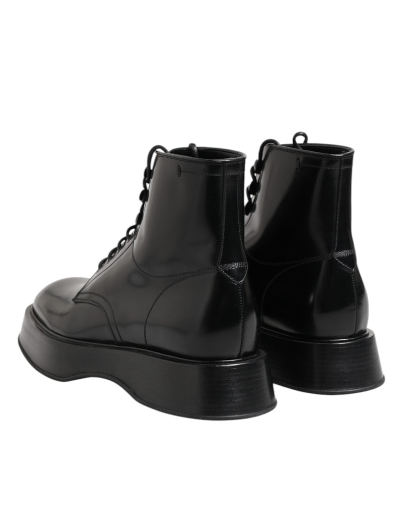 Black Leather Logo Ankle Boots Lace Up Shoes Dolce & Gabbana