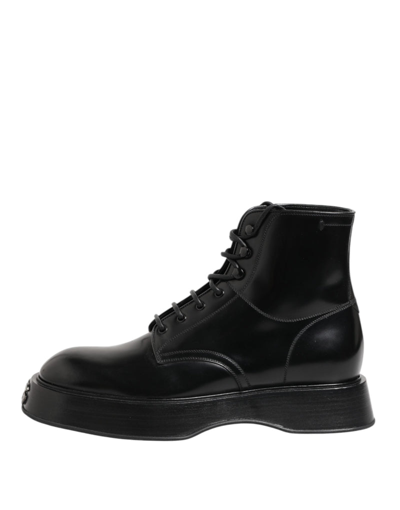 Black Leather Logo Ankle Boots Lace Up Shoes Dolce & Gabbana