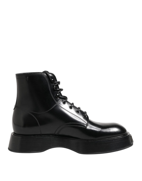 Black Leather Logo Ankle Boots Lace Up Shoes Dolce & Gabbana
