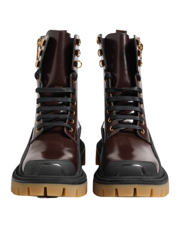 Brown Black Leather Boots Zipper Lace Up Shoes Dolce & Gabbana