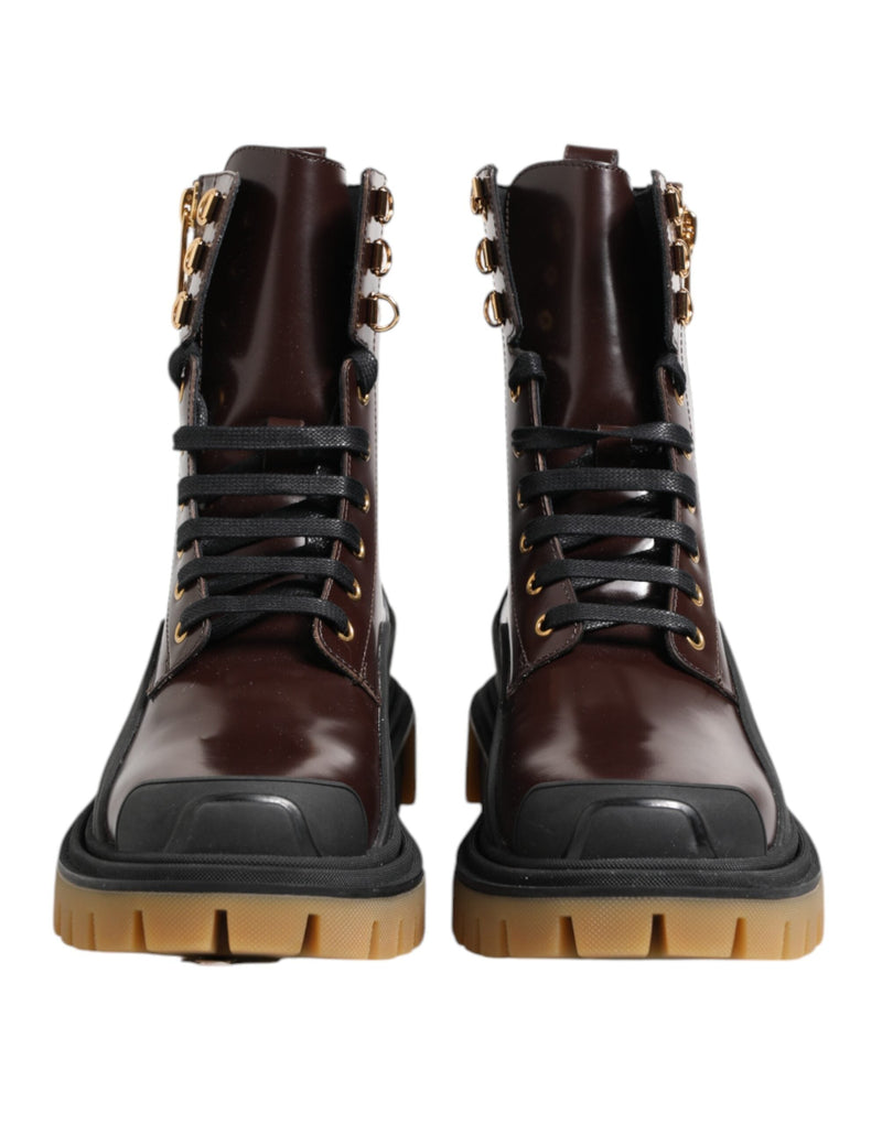 Brown Black Leather Boots Zipper Lace Up Shoes Dolce & Gabbana