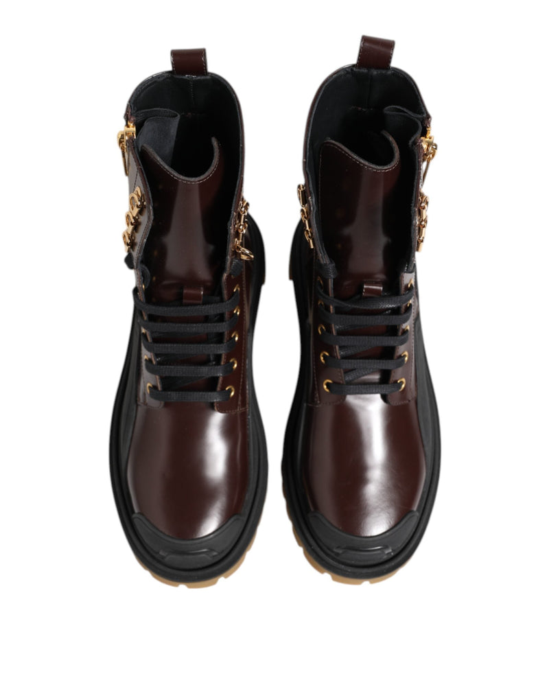 Brown Black Leather Boots Zipper Lace Up Shoes Dolce & Gabbana