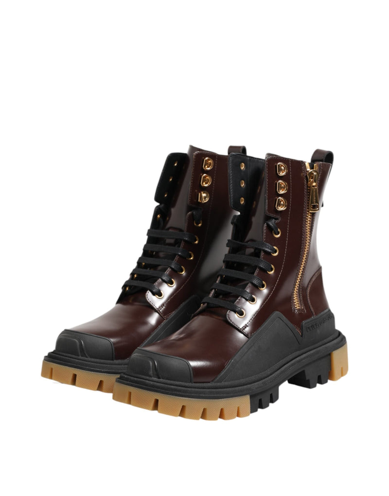 Brown Black Leather Boots Zipper Lace Up Shoes Dolce & Gabbana