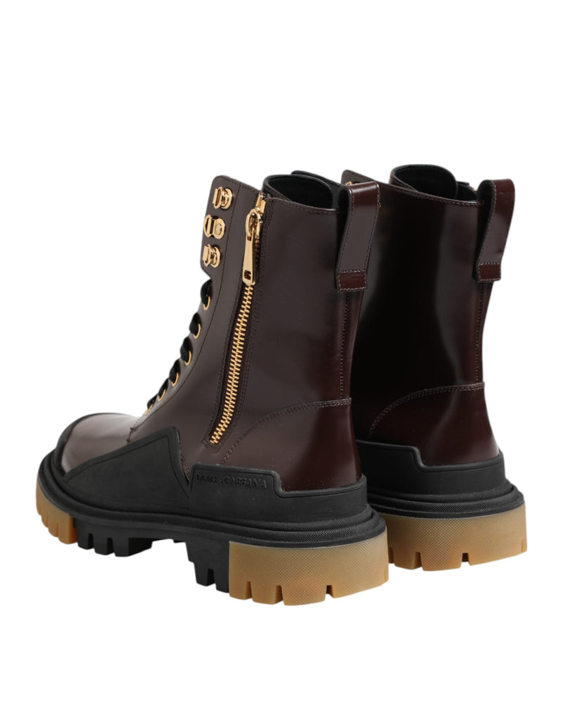 Brown Black Leather Boots Zipper Lace Up Shoes Dolce & Gabbana