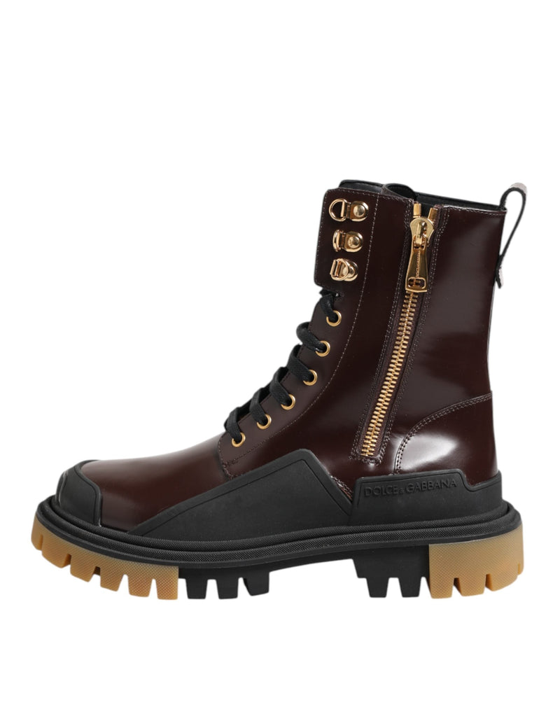 Brown Black Leather Boots Zipper Lace Up Shoes Dolce & Gabbana