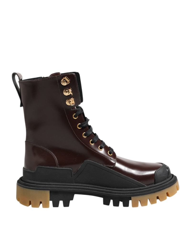 Brown Black Leather Boots Zipper Lace Up Shoes Dolce & Gabbana