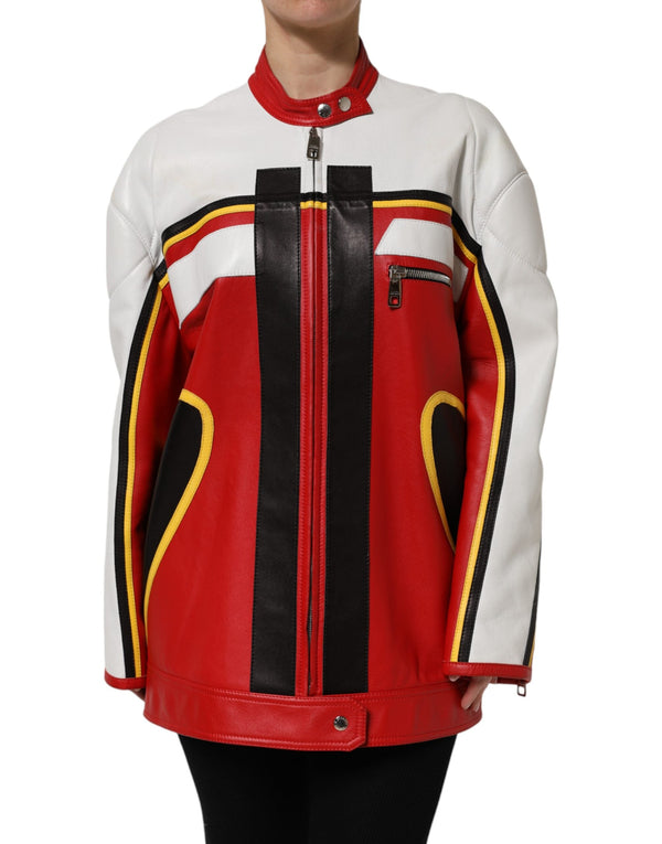 Multicolor Leather Biker Full Zip Coat Jacket Dolce & Gabbana