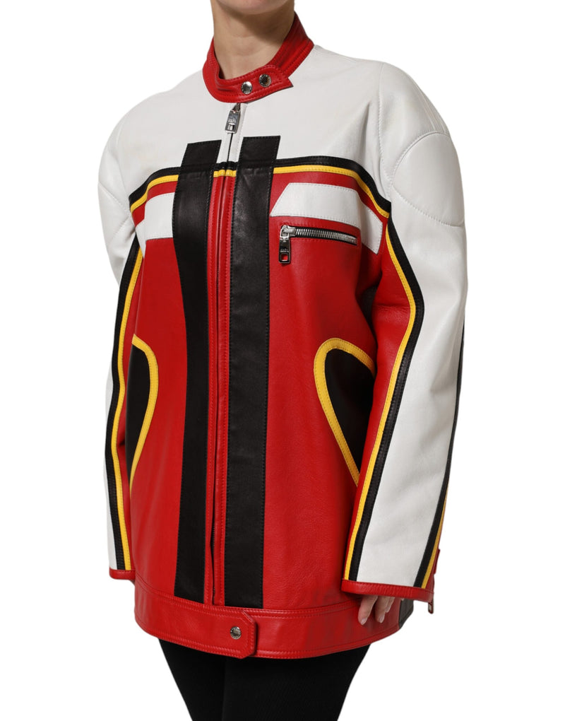 Multicolor Leather Biker Full Zip Coat Jacket Dolce & Gabbana