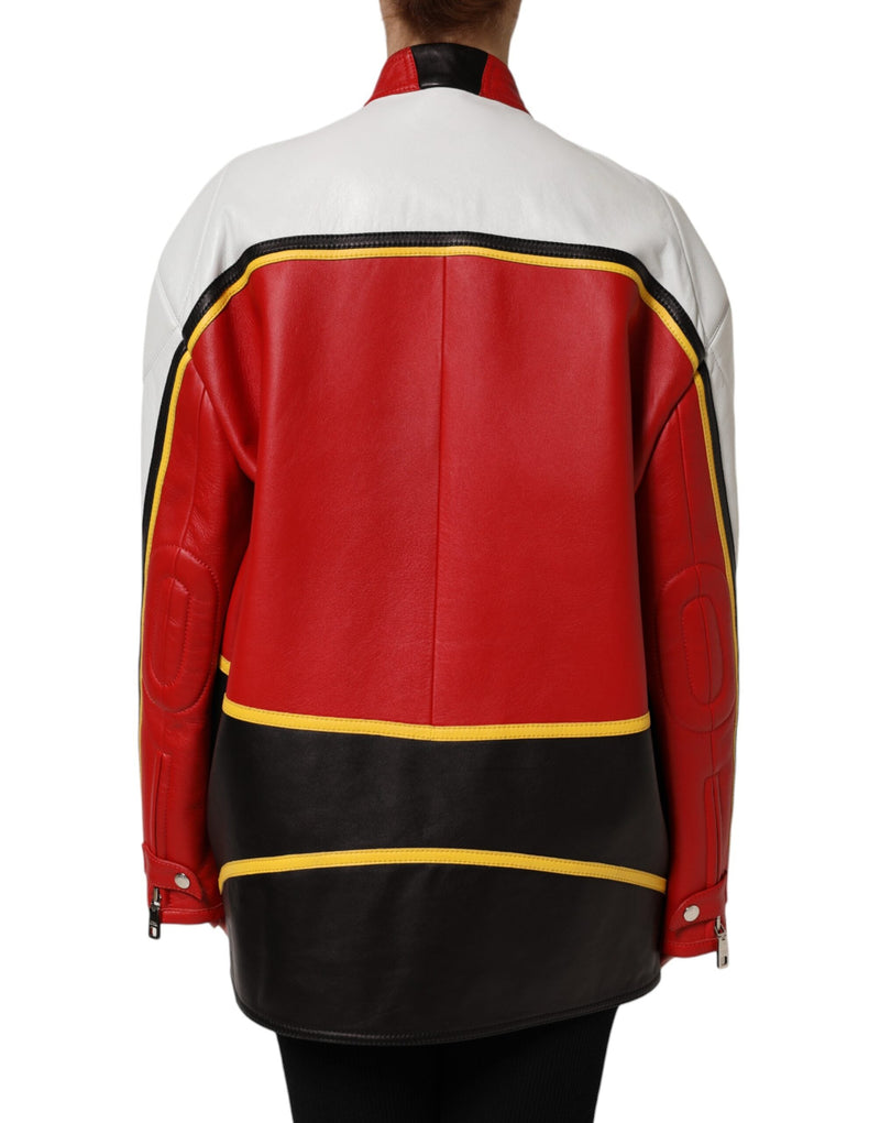 Multicolor Leather Biker Full Zip Coat Jacket Dolce & Gabbana