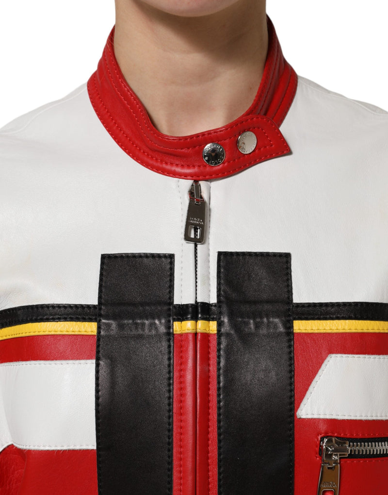 Multicolor Leather Biker Full Zip Coat Jacket Dolce & Gabbana