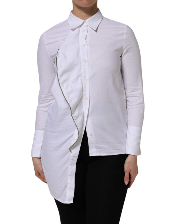 White Cotton Collared Long Sleeves Ruffle Top Shirt AGLINI