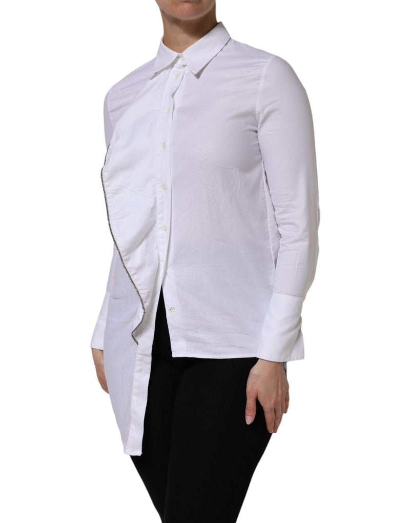 White Cotton Collared Long Sleeves Ruffle Top Shirt AGLINI