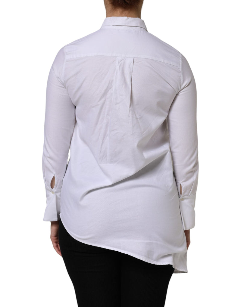 White Cotton Collared Long Sleeves Ruffle Top Shirt AGLINI