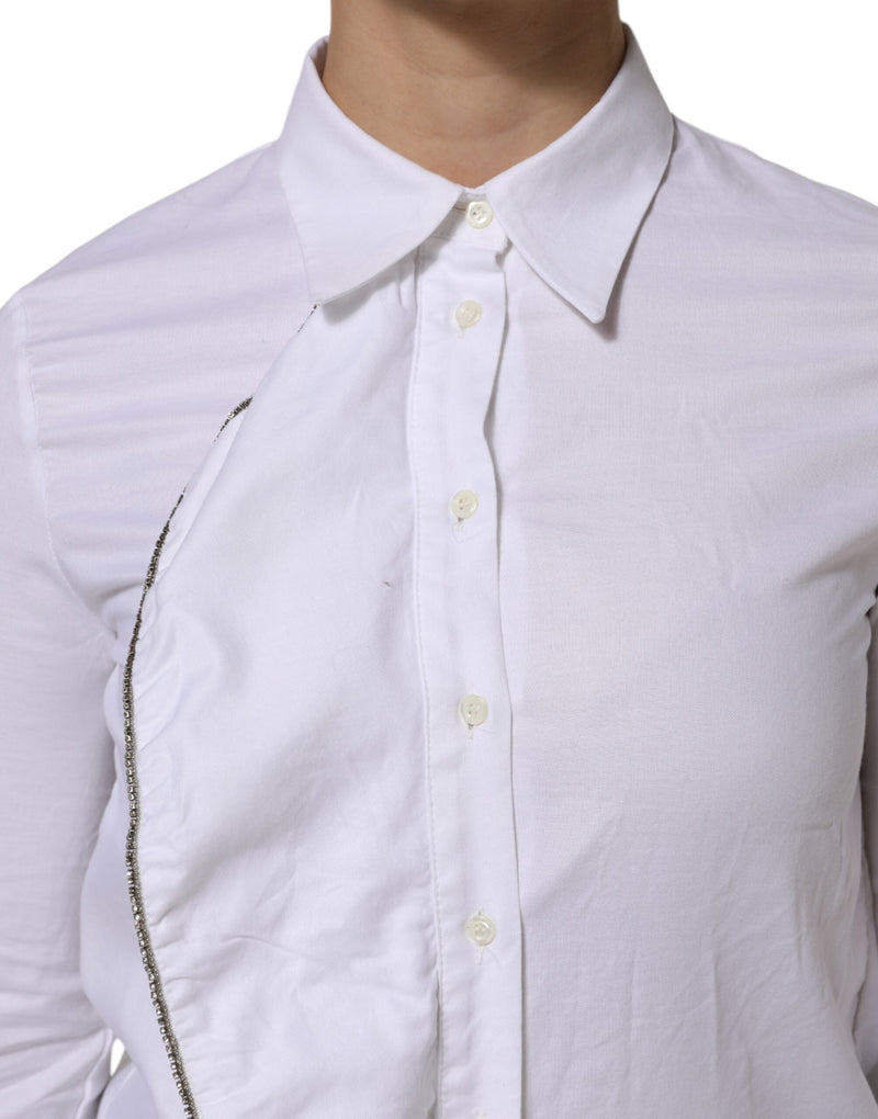 White Cotton Collared Long Sleeves Ruffle Top Shirt AGLINI