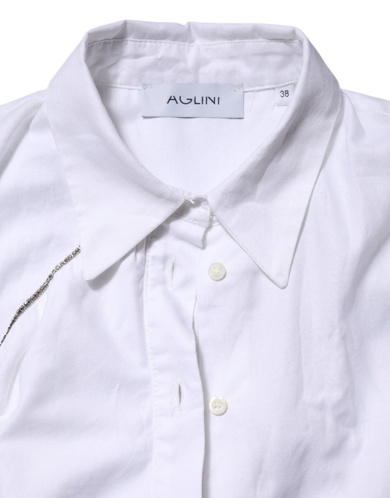 White Cotton Collared Long Sleeves Ruffle Top Shirt AGLINI