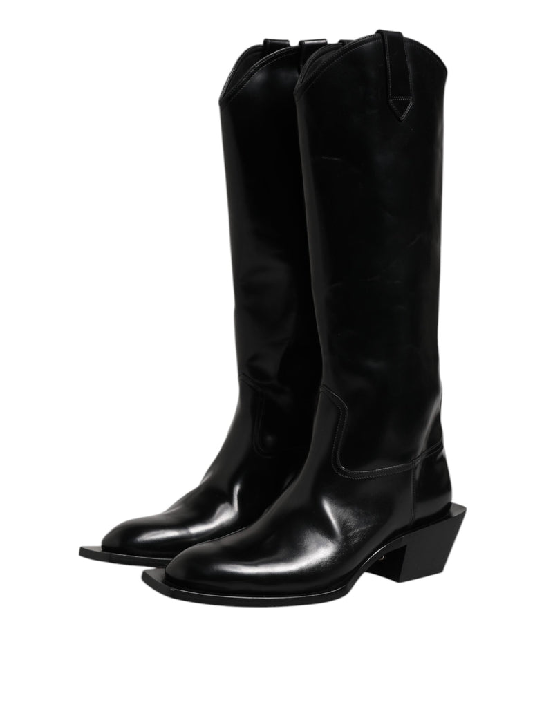 Black Calfskin Leather Logo High Boots Shoes Dolce & Gabbana