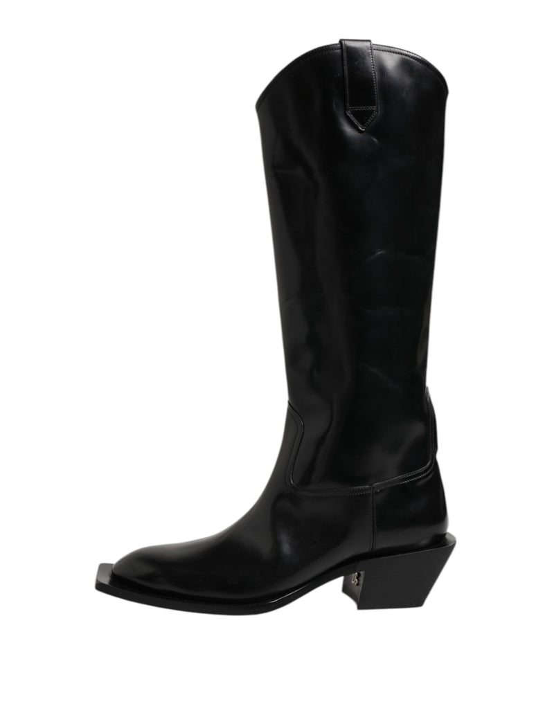 Black Calfskin Leather Logo High Boots Shoes Dolce & Gabbana