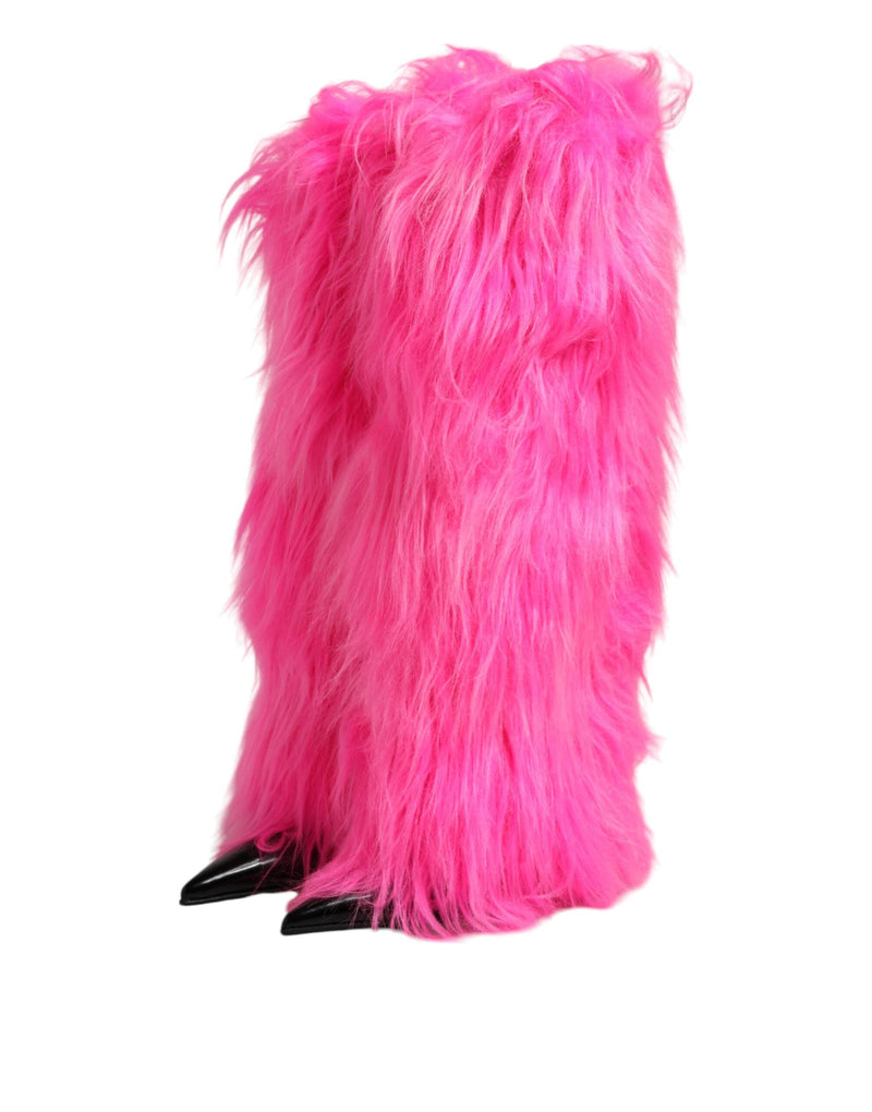 Pink Faux Fur Leather High Heels Boots Shoes Dolce & Gabbana