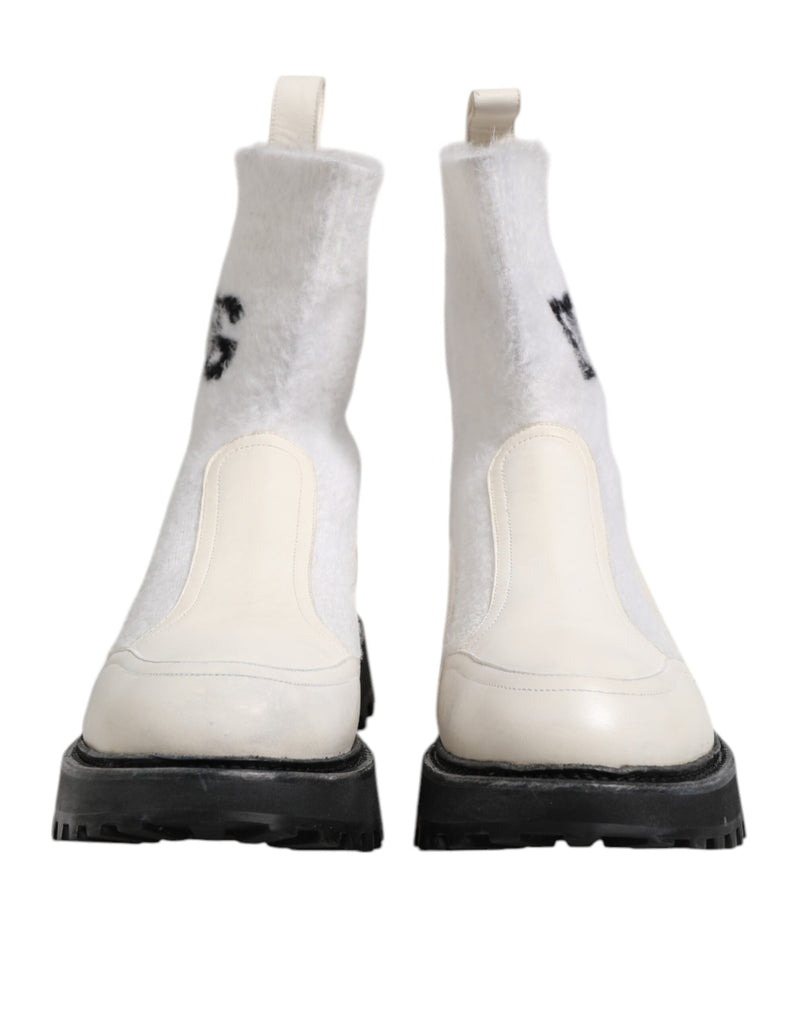 White Beige DG Logo Mid Calf Boots Shoes Dolce & Gabbana