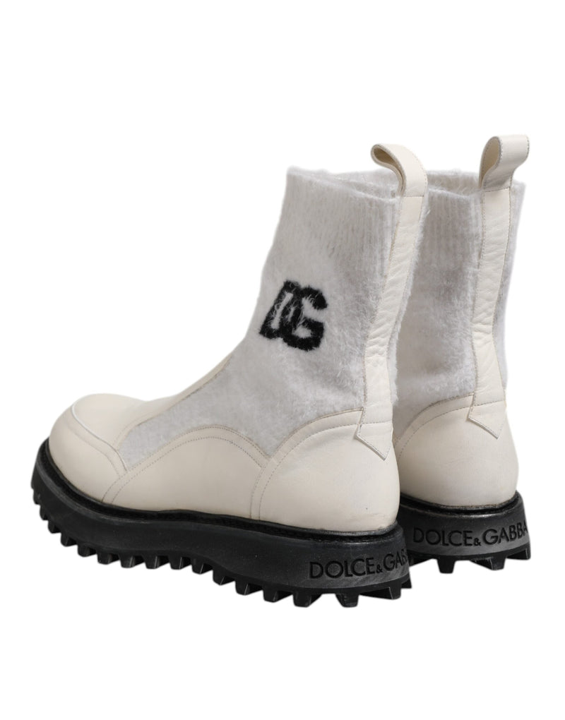 White Beige DG Logo Mid Calf Boots Shoes Dolce & Gabbana